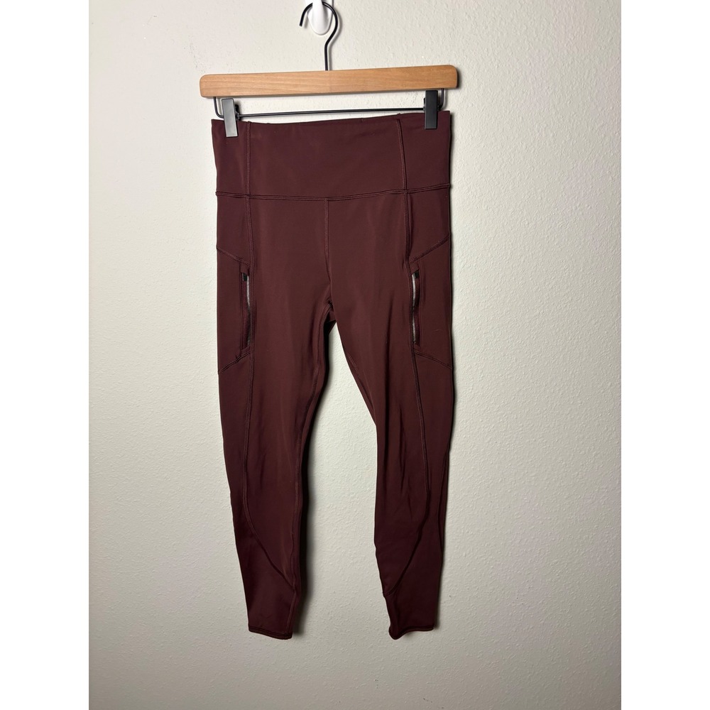 Athleta Rainier Tight High Rise Leggings Burgundy Mahogany Zip Pockets Small